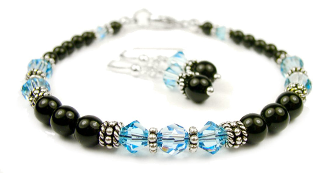 Black Pearl Blue Aquamarine March Crystal Jewelry Birthstone Beaded Bracelets &amp; Earrings Set