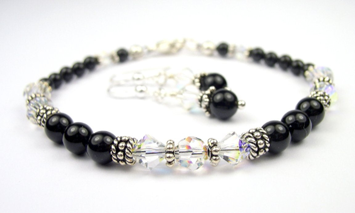 Black Pearl Clear Crystal April Crystal Jewelry Birthstone Beaded Bracelets &amp; Earrings Set