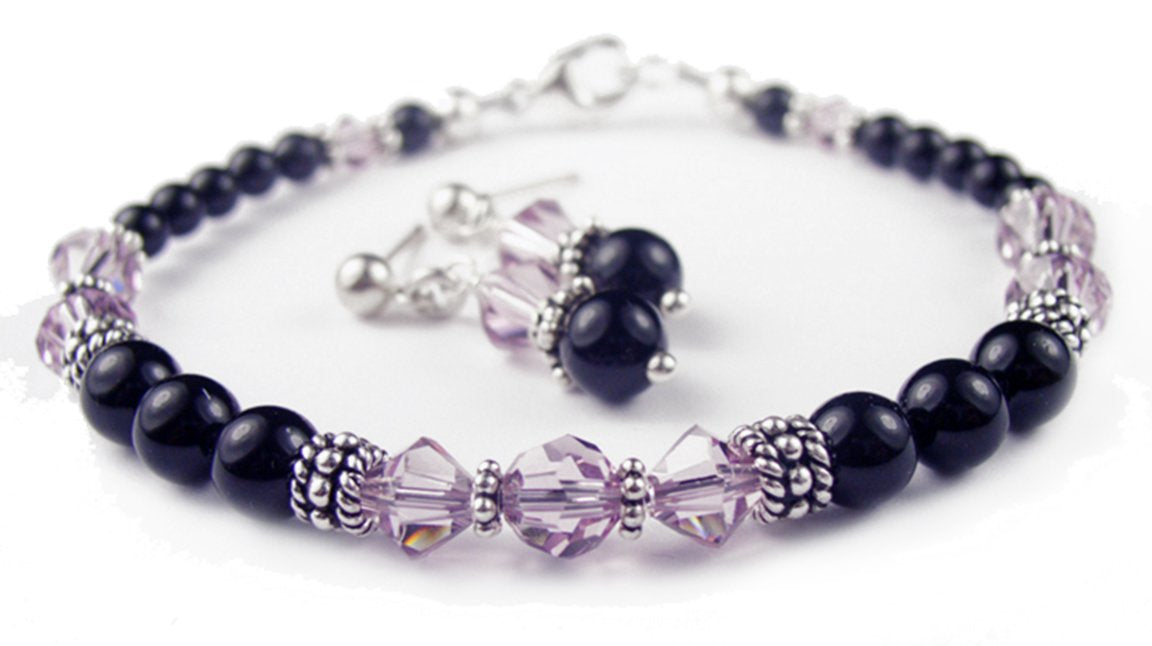 Black Pearl Pale Alexandrite June Crystal Jewelry Birthstone Beaded Bracelets &amp; Earrings Set