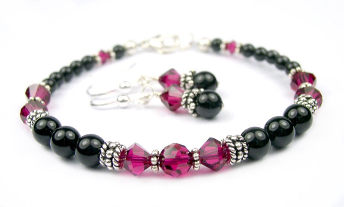 Black Pearl Red Ruby July Crystal Jewelry Birthstone Beaded Bracelets &amp; Earrings Set