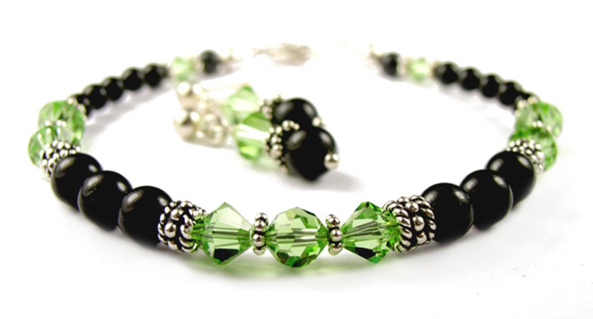 Black Pearl Peridot August Crystal Jewelry Birthstone Beaded Bracelets &amp; Earrings Set