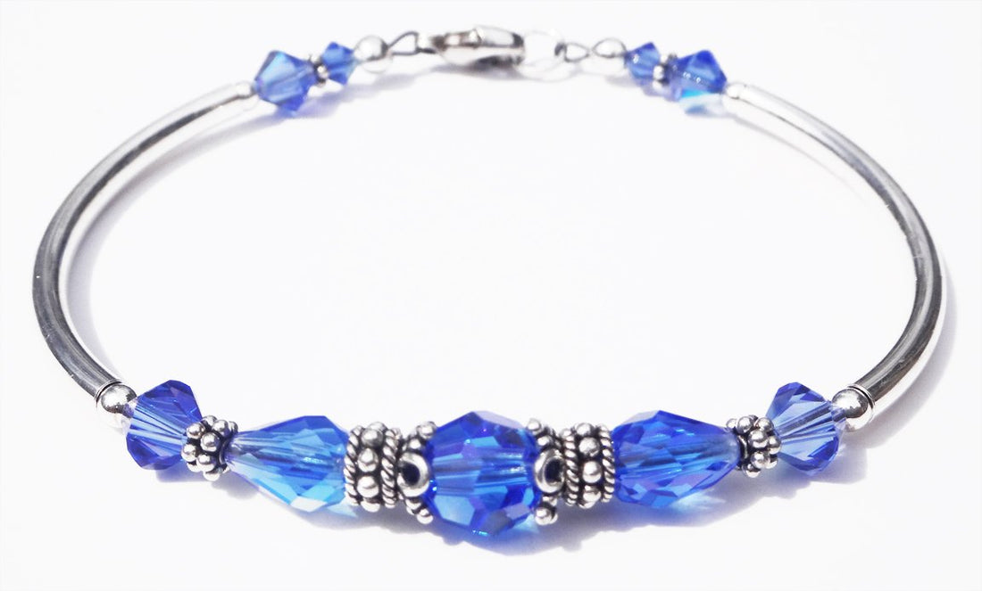 Solid Sterling Silver Bangle September Birthstone Bracelets in Faux Vibrant Blue Sapphire