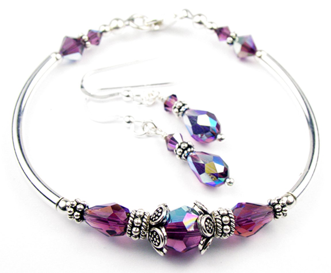 Solid Sterling Silver Bangle February Birthstone Bracelets &amp; Earrings in Faux Amethyst