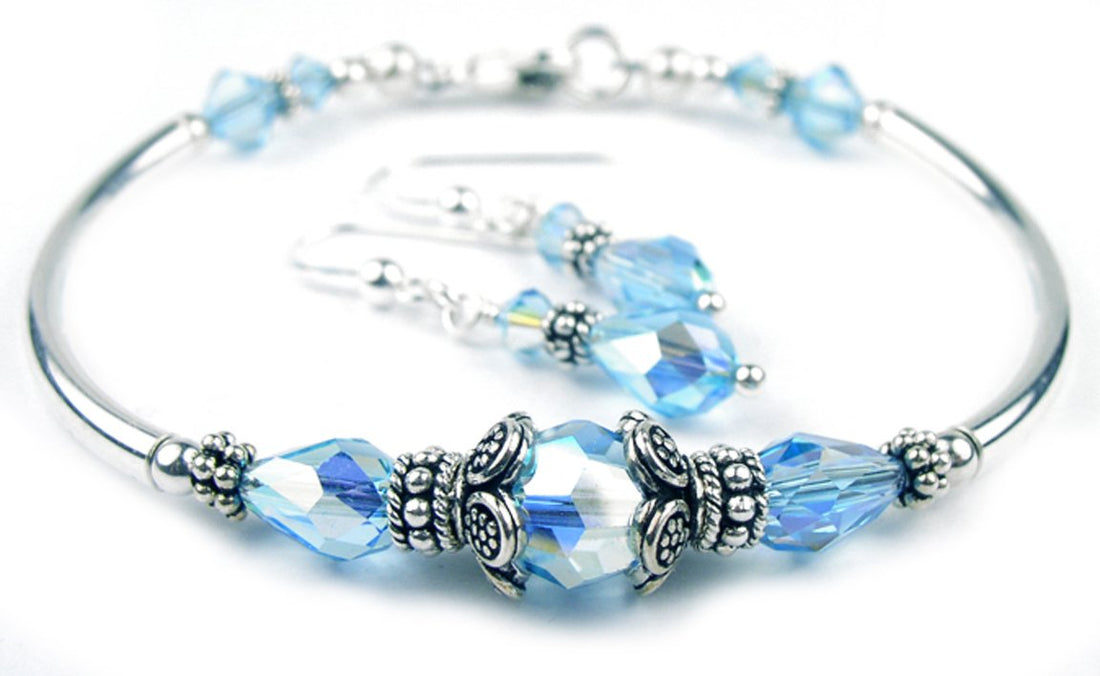 Solid Sterling Silver Bangle March Birthstone Bracelets &amp; Earrings in Faux Aquamarine