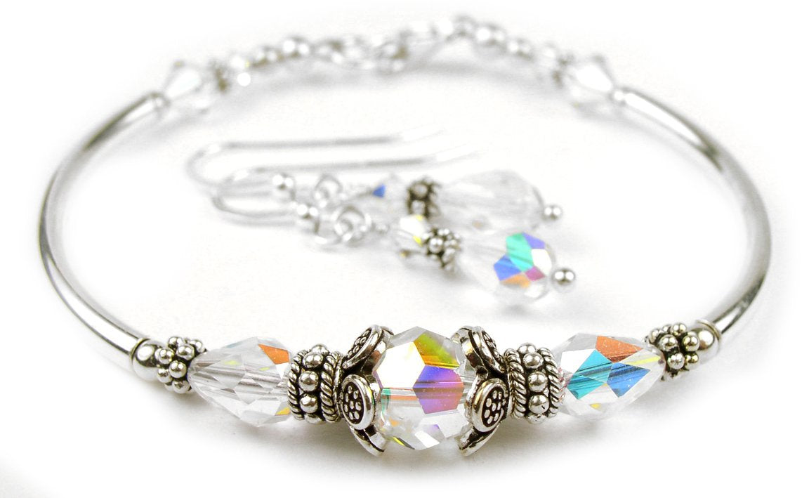Solid Sterling Silver Bangle April Birthstone Bracelets &amp; Earrings in Faux Diamond