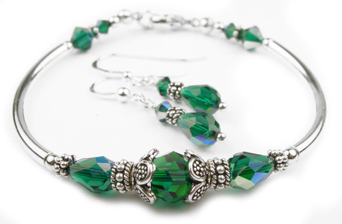 Solid Sterling Silver Bangle May Birthstone Bracelets &amp; Earrings in Faux Emerald
