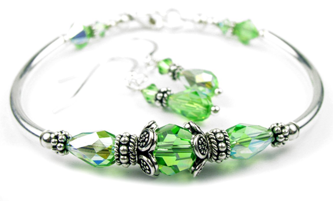 Solid Sterling Silver Bangle August Birthstone Bracelets &amp; Earrings in Faux Peridot