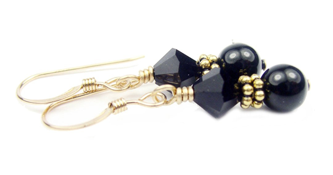 Gold Garnet Earrings, January Birthstone Earrings, 14k GF Black Pearl &amp; Crystal Beaded Earrings, Crystal Jewelry
