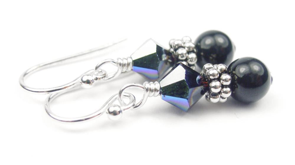 Silver Black Pearl and Crystal Earrings January Garnet Genuine Crystal Jewelry