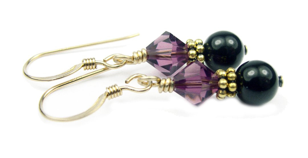 14Kt GF Amethyst Earrings, February Birthstone, Black Pearl Drop Earrings, Crystal Earrings, Crystal Jewelry