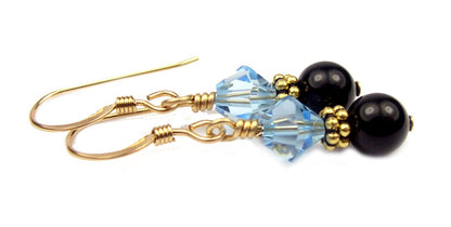 14Kt GF Aquamarine Earrings, March Birthstone, Black Pearl Drop Earrings, Crystal Earrings, Crystal Jewelry