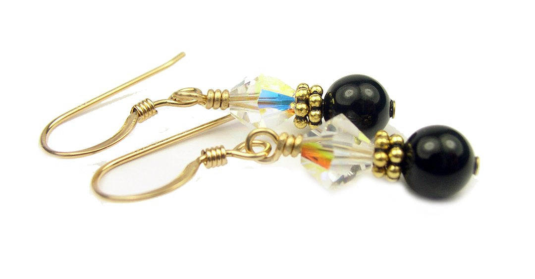 Gold Clear Earrings, April Birthstone Earrings, 14k GF Black Pearl &amp; Crystal Beaded Earrings, Crystal Jewelry