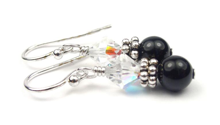 Silver Black Pearl and Crystal Earrings April Clear Genuine Crystal Jewelry