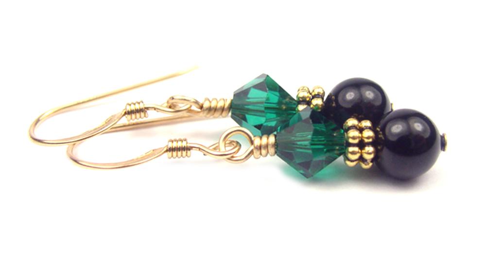 Gold Emerald Earrings, May Birthstone Earrings, 14k GF Black Pearl &amp; Crystal Beaded Earrings, Crystal Jewelry