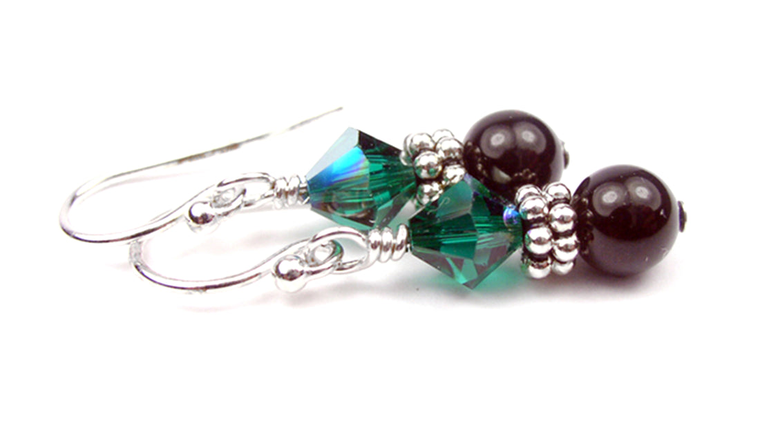 Silver Black Pearl and Crystal Earrings May Emerald Genuine Crystal Jewelry
