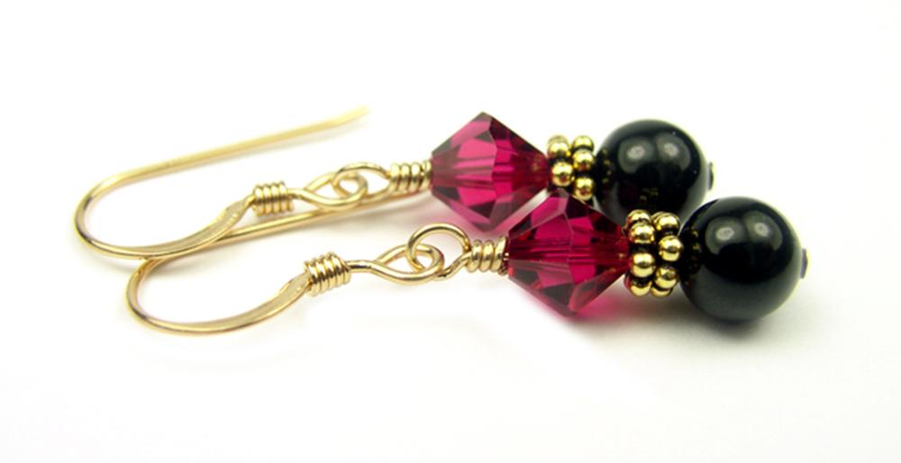 Gold Ruby Earrings, July Birthstone Earrings, 14k GF Black Pearl &amp; Crystal Beaded Earrings, Crystal Jewelry