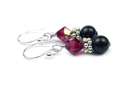 Silver Black Pearl and Crystal Earrings July Ruby Genuine Crystal Jewelry