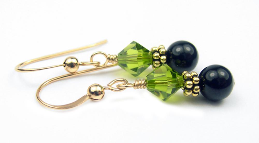 Gold Peridot Earrings, April Birthstone Earrings, 14k GF Black Pearl &amp; Crystal Beaded Earrings, Crystal Jewelry