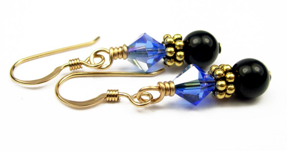 Gold Sapphire Earrings, September Birthstone Earrings, 14k GF Black Pearl &amp; Crystal Beaded Earrings, Crystal Jewelry