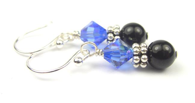 Silver Black Pearl and Crystal Earrings September Sapphire Genuine Crystal Jewelry