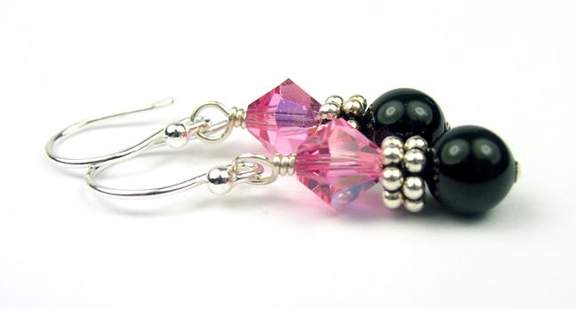 Silver Black Pearl and Crystal Earrings October Rose (Pink Tourmaline) Genuine Crystal Jewelry