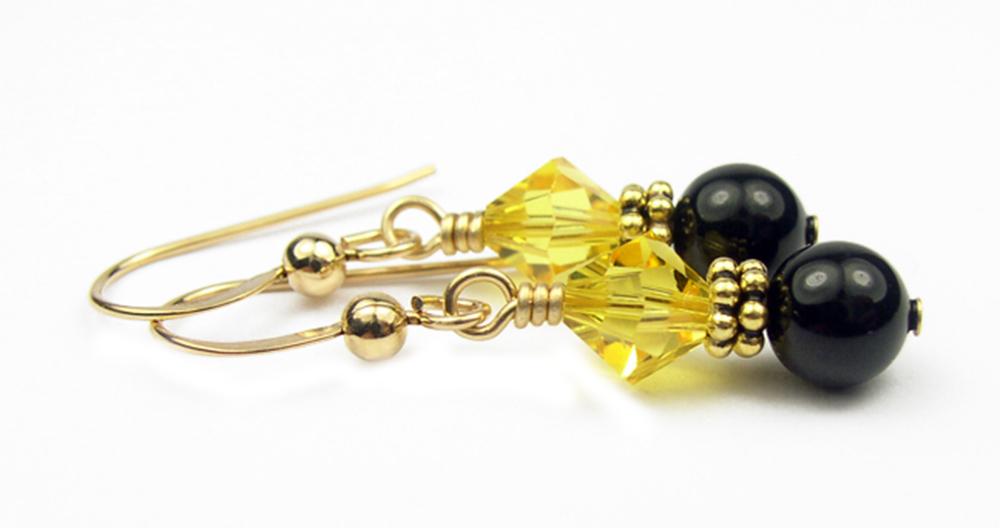 Gold Citrine Earrings, November Birthstone Earrings, 14k GF Black Pearl &amp; Crystal Beaded Earrings, Crystal Jewelry