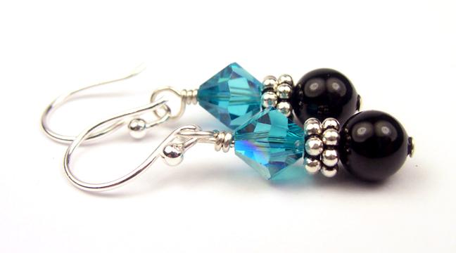 Silver Black Pearl and Crystal Earrings December Blue Zircon Genuine Crystal Jewelry