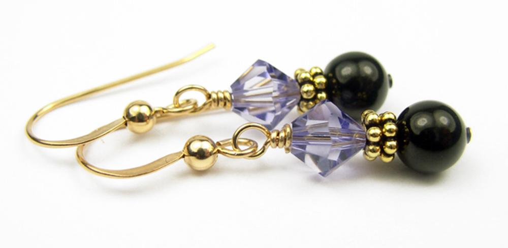 Gold Tanzanite Earrings, December Birthstone Earrings, 14k GF Black Pearl &amp; Crystal Beaded Earrings, CrystaL Jewelry