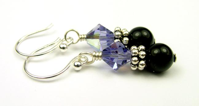 Silver Black Pearl and Crystal Earrings December Tanzanite Genuine Crystal Jewelry