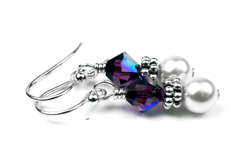 Sterling Amethyst Earrings, February Birthstone Earrings, Freshwater Pearl Beaded Earrings, Purple CrystaL Jewelry