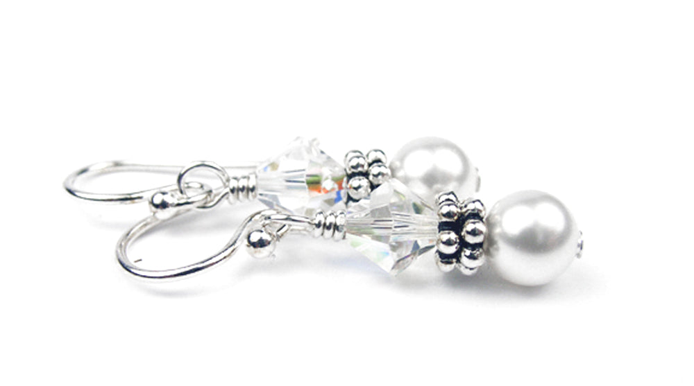 Sterling Crystal Earrings, April Birthstone Earrings, Freshwater Pearl Beaded Earrings,  Austrian Birthstones