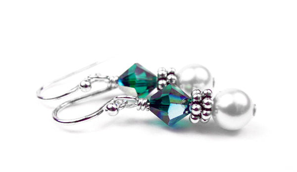 Sterling Emerald Earrings, May Birthstone Earrings, Freshwater Pearl Beaded Earrings, Green CrystaL Jewelry