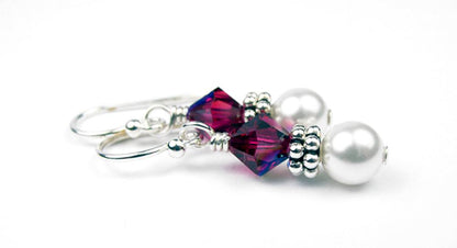 Sterling Ruby Earrings, July Birthstone Earrings, Freshwater Pearl Beaded Earrings, Red CrystaL Jewelry