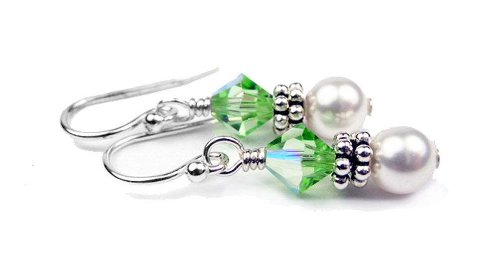 Sterling Peridot Earrings, August Birthstone Earrings, Freshwater Pearl Beaded Earrings, Green CrystaL Jewelry