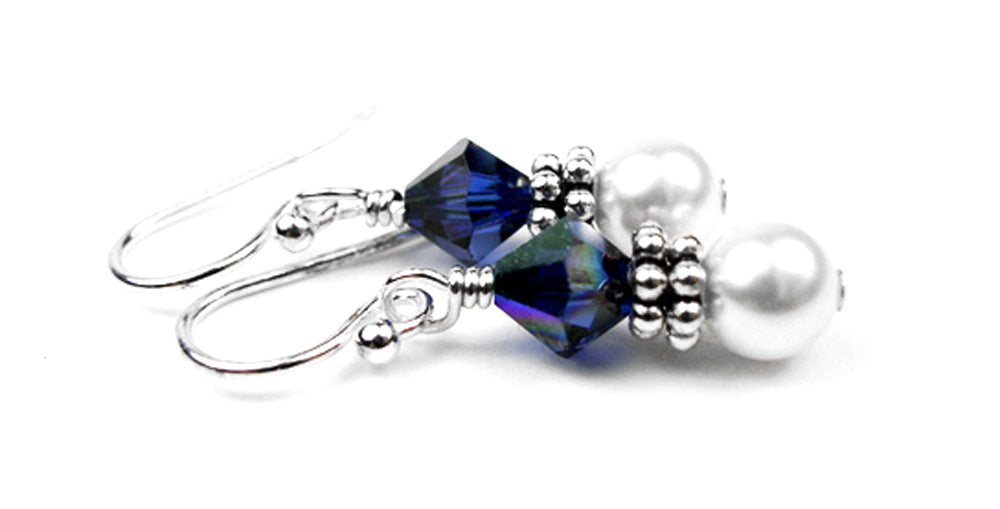 Sterling Sapphire Earrings, September Birthstone Earrings, Freshwater Pearl Beaded Earrings, Blue CrystaL Jewelry