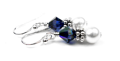 Sterling Sapphire Earrings, September Birthstone Earrings, Freshwater Pearl Beaded Earrings, Blue CrystaL Jewelry