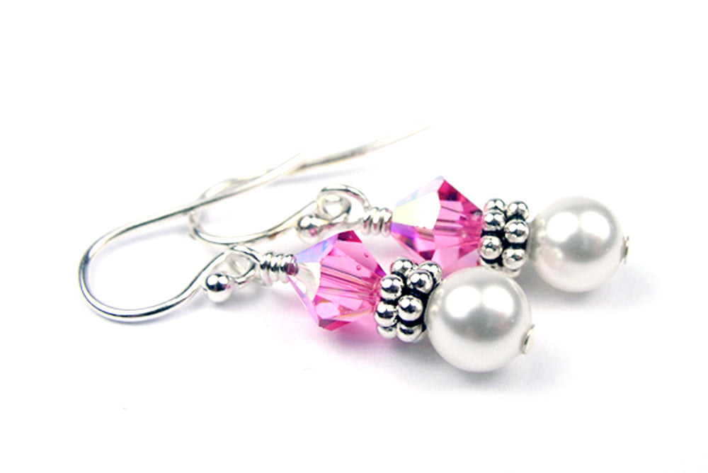 Sterling Tourmaline Earrings, October Birthstone Earrings, Freshwater Pearl Beaded Earrings, Pink CrystaL Jewelry