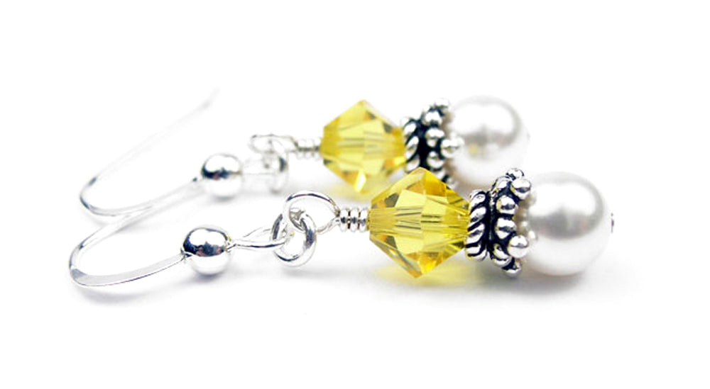 Sterling Citrine Earrings, November Birthstone Earrings, Freshwater Pearl Beaded Earrings, Yellow CrystaL Jewelry