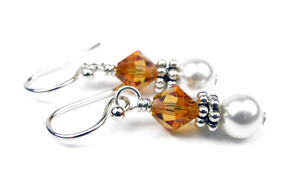 Sterling Topaz Earrings, November Birthstone Earrings, Freshwater Pearl Beaded Earrings, Yellow CrystaL Jewelry