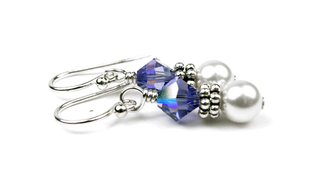 Sterling Tanzanite Earrings, December Birthstone Earrings, Freshwater Pearl Beaded Earrings, Purple CrystaL Jewelry