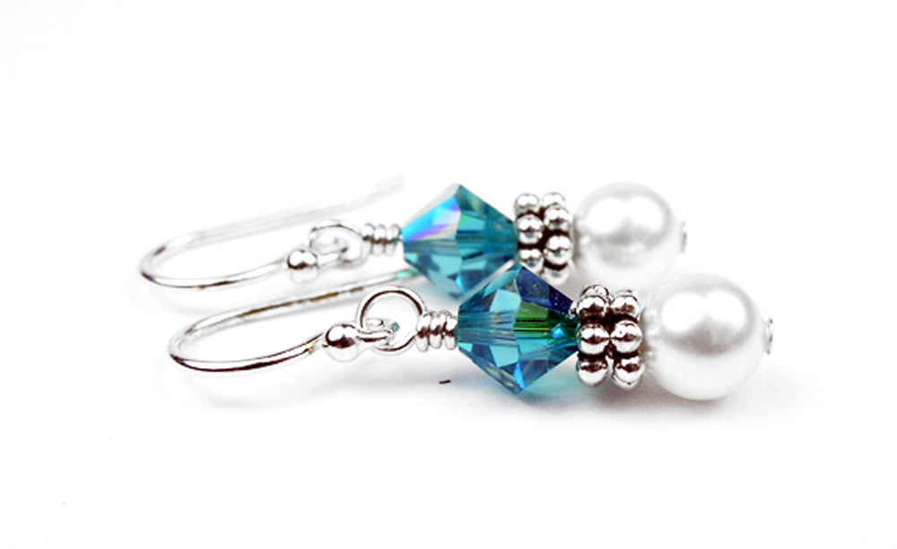Sterling Zircon Earrings, December Birthstone Earrings, Freshwater Pearl Beaded Earrings, Blue CrystaL Jewelry