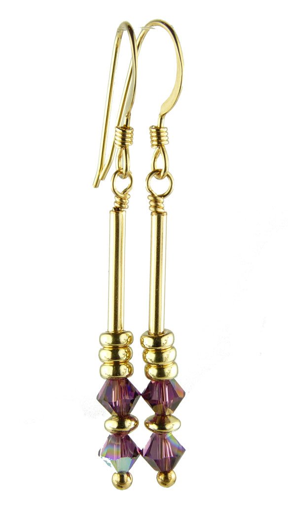 Amethyst Earrings, February Birthstone Earrings, Purple Minimalist 14K GF Dangle Earrings, Austrian Crystal Elements