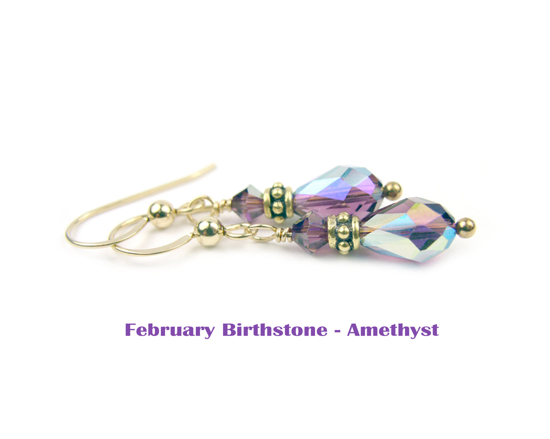Amethyst Earrings, February Birthstone Earrings, Gold Teardrop Earrings, Crystal Jewelry