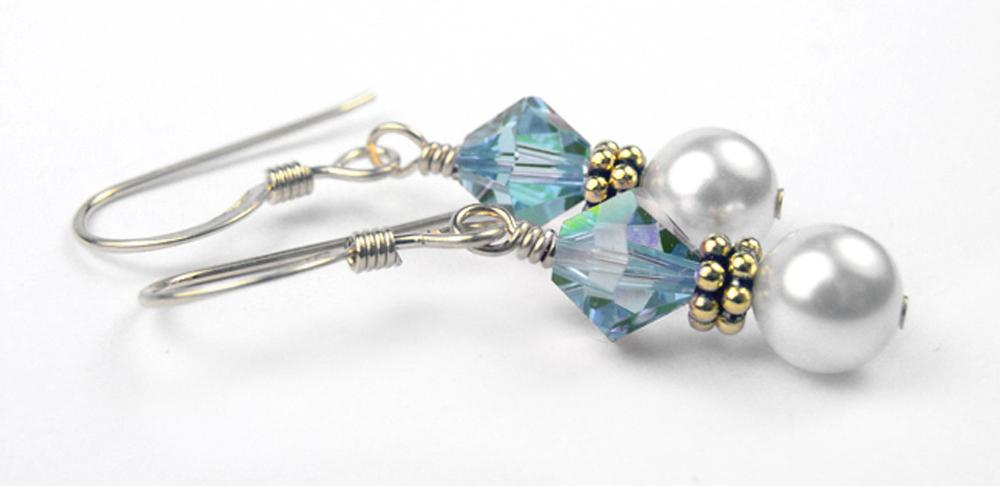 Gold Aquamarine Earrings, March Birthstone Earrings, 14k GF Freshwater Pearl Beaded Earrings, Birthstone CrystaL Jewelry