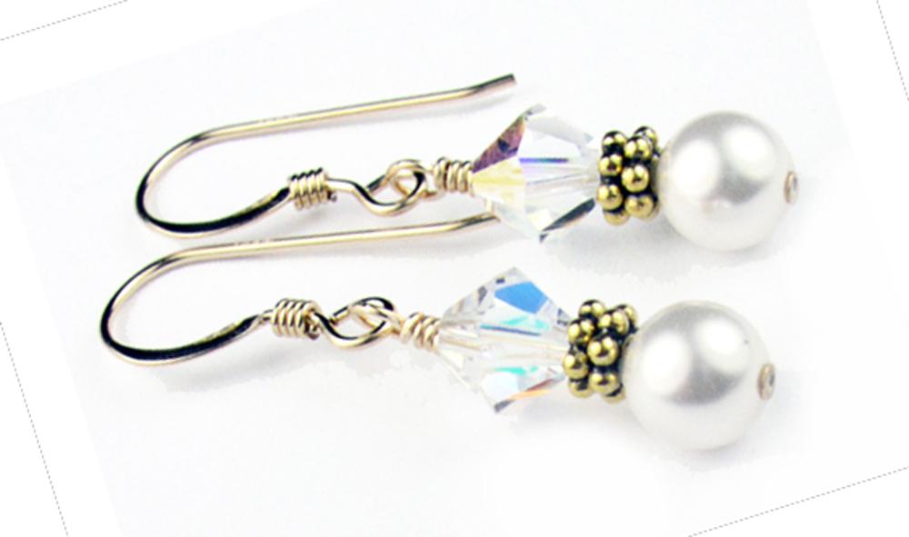 Gold Crystal Earrings, April Birthstone Earrings, 14k GF Freshwater Pearl Beaded Earrings, Birthstone CrystaL Jewelry