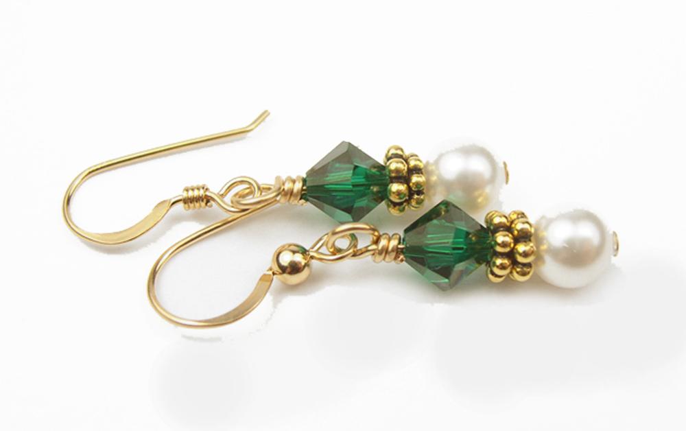 Gold Emerald Earrings, May Birthstone Earrings, 14k GF Freshwater Pearl Beaded Earrings, Birthstone CrystaL Jewelry