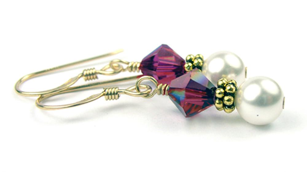 Gold Ruby Earrings, July Birthstone Earrings, 14k GF Freshwater Pearl Beaded Earrings, Birthstone CrystaL Jewelry