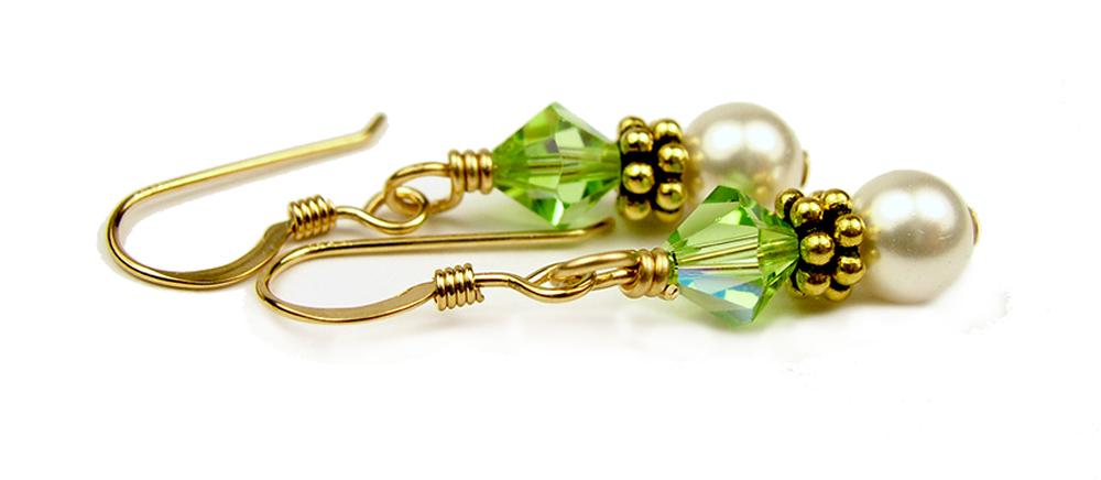 Gold Peridot Earrings, August Birthstone Earrings, 14k GF Freshwater Pearl Beaded Earrings, Birthstone CrystaL Jewelry