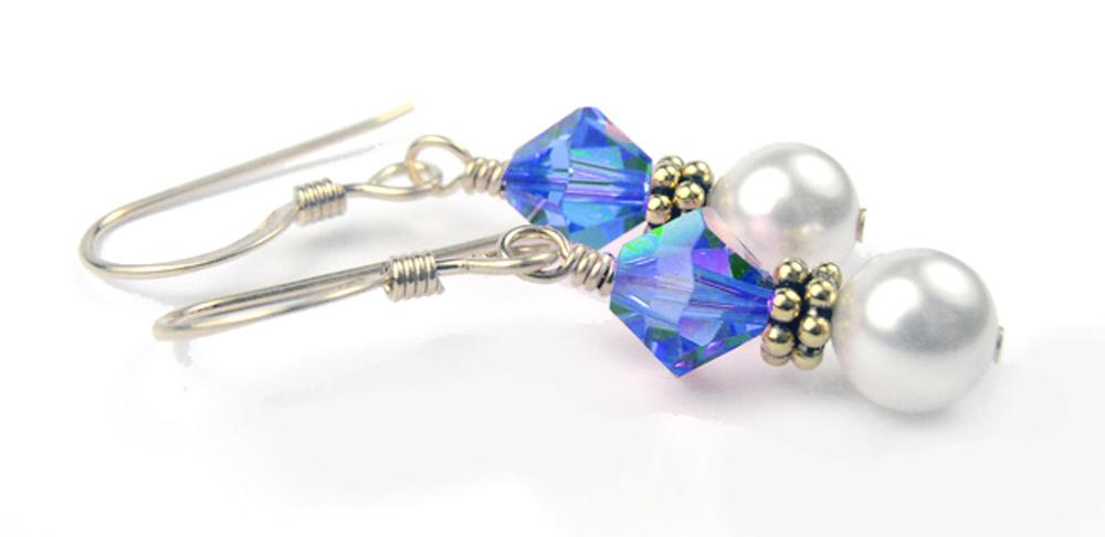 Gold Sapphire Earrings, September Birthstone Earrings, 14k GF Freshwater Pearl Beaded Earrings, Birthstone CrystaL Jewelry