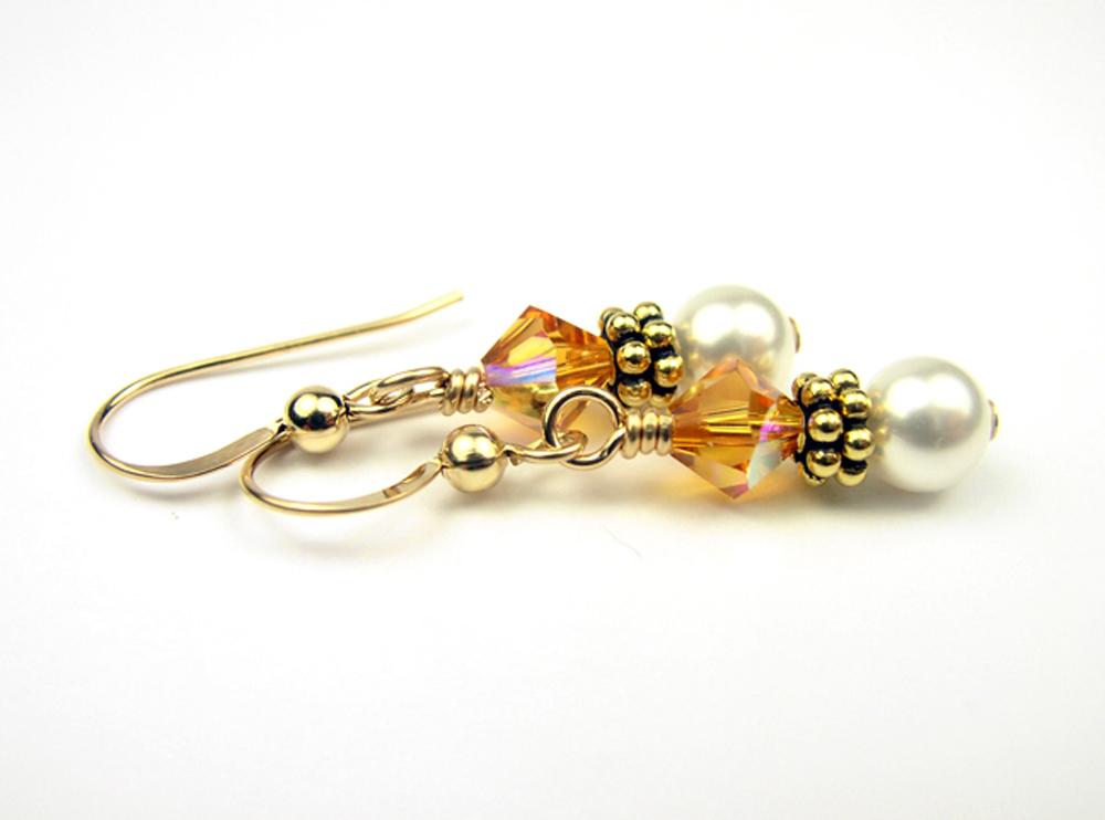 Gold Topaz Earrings, November Birthstone Earrings, 14k GF Freshwater Pearl Beaded Earrings, Birthstone CrystaL Jewelry